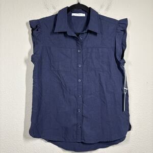 Six/Fifty XS Shirt Flutter Sleeve Penelope Navy Linen Blend Button Up Pockets
